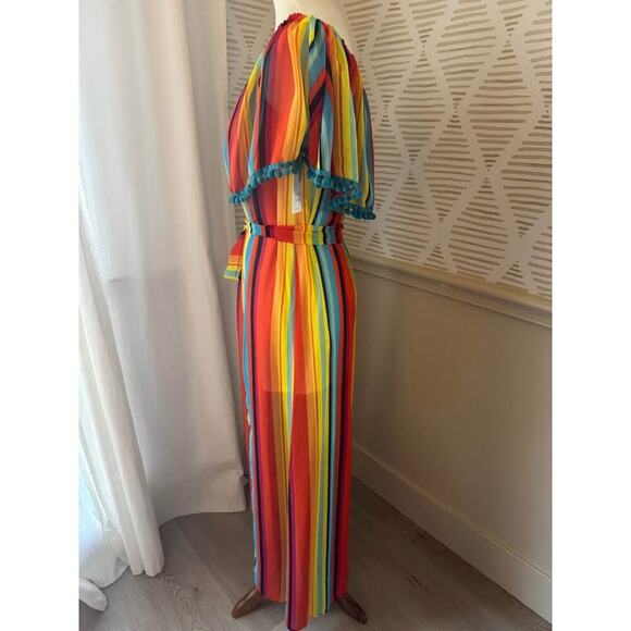 NWT Palms Away Women’s Small Rainbow Stripe and Pom Tassel Off Maxi Dress - Picture 3 of 6